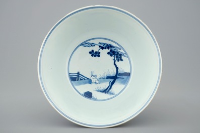 A Chinese blue and white bowl with a rabbit, Kangxi